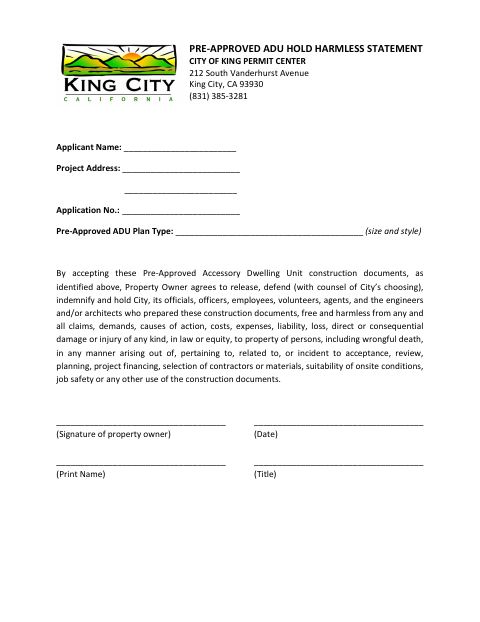 First page of the Pre-Approved ADU Hold Harmless Statement