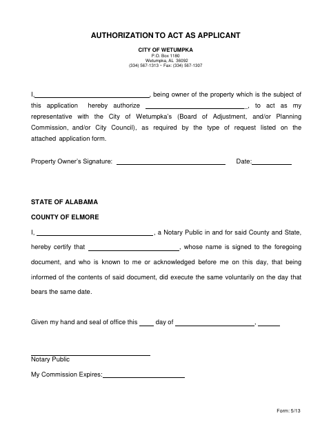 First page of the Authorization to Act as Applicant