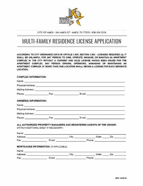 First page of the Multi-Family Residence License Application