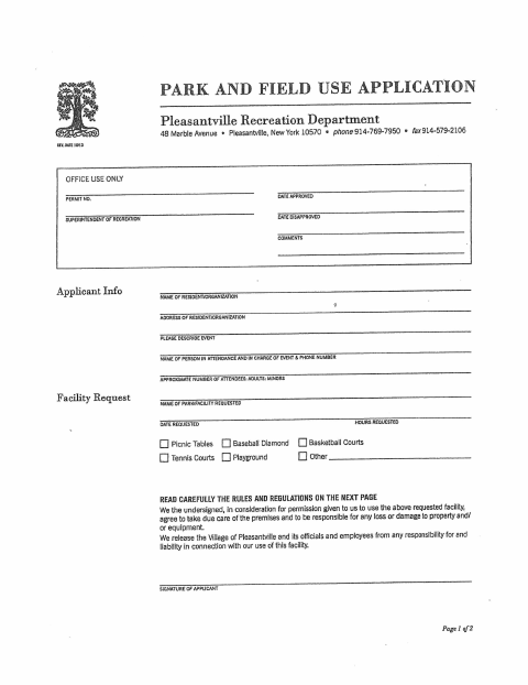 First page of the Park and Field Use Application