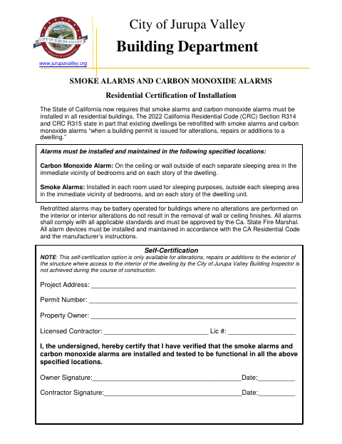 First page of the Smoke Alarms and Carbon Monoxide Alarms Residential Certification of Installation