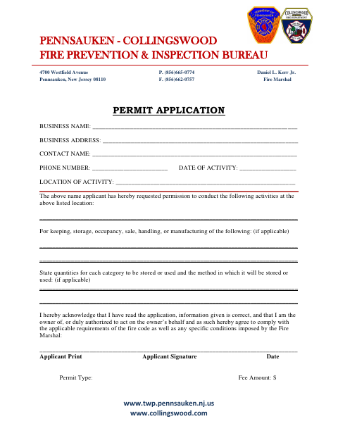 First page of the Fire Prevention and Inspection Bureau Permit Application