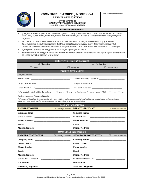 First page of the Commercial Plumbing / Mechanical Permit Application