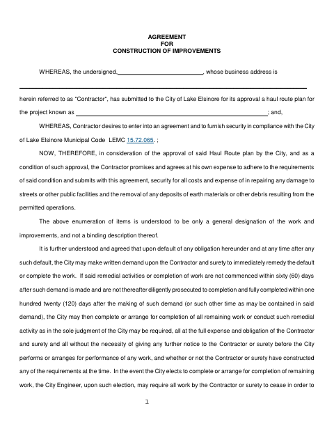 First page of the Agreement for Construction of Improvements