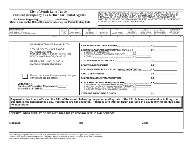 First page of the Transient Occupancy Tax Return for Rental Agents