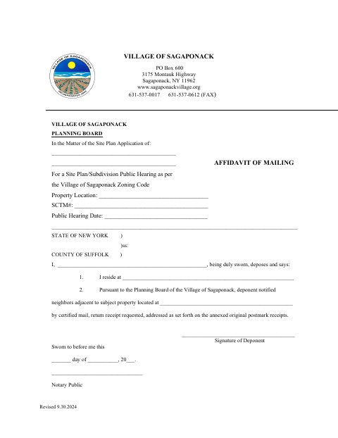 First page of the Planning Affidavit of Mailing