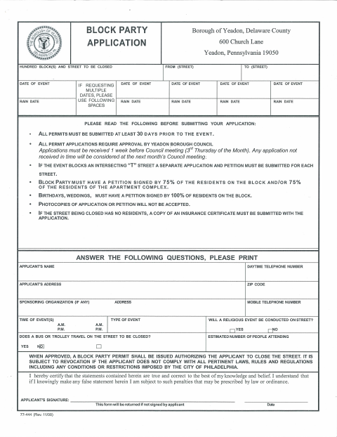 First page of the Block Party Application