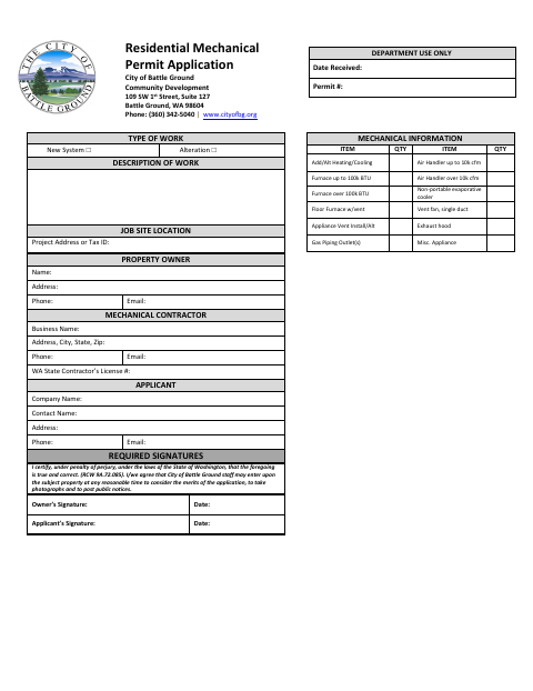 First page of the Residential Mechanical Permit Application