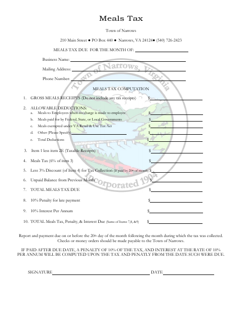 First page of the Meals Tax Computation Form (6%)