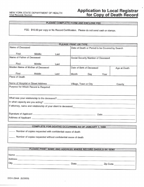 First page of the Death Record Request Form