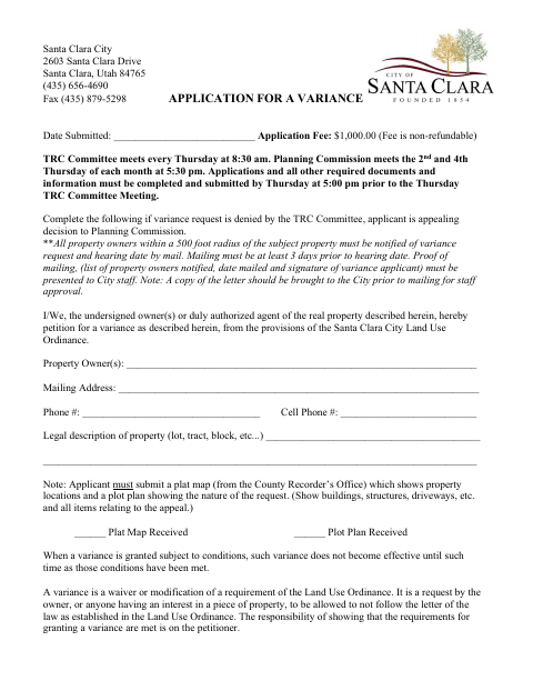 First page of the Variance Application