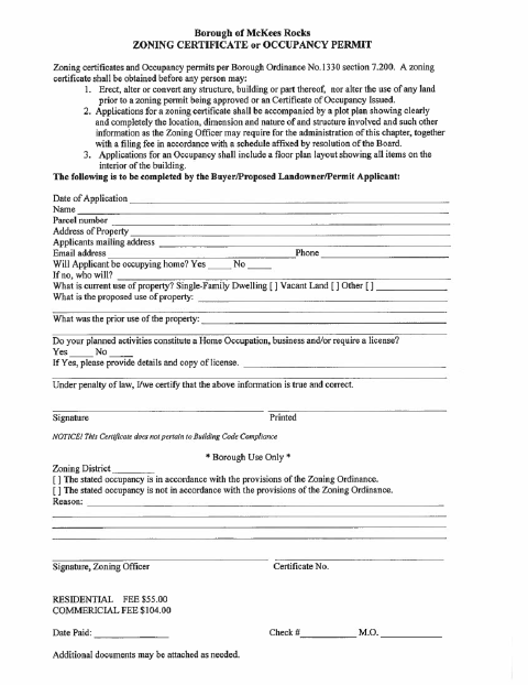 First page of the Zoning Certificate or Occupancy Permit Application