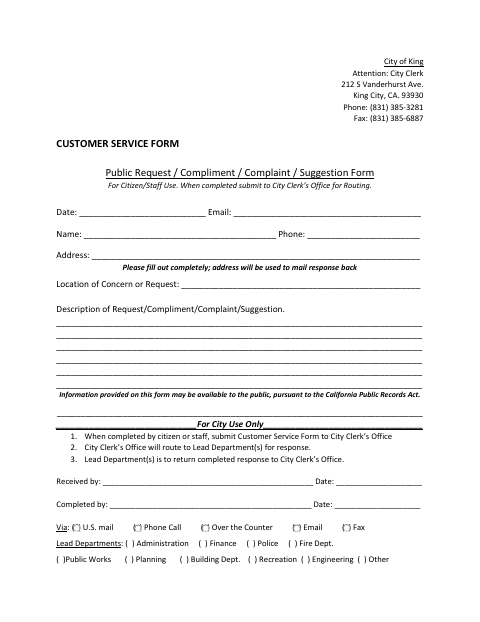 First page of the Customer Service Form