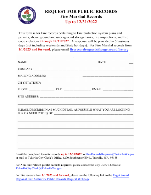 First page of the Request for Public Records: Fire Marshal Records Through December 31, 2022