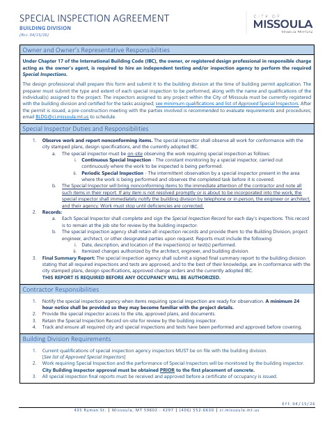 First page of the Special Inspection Agreement