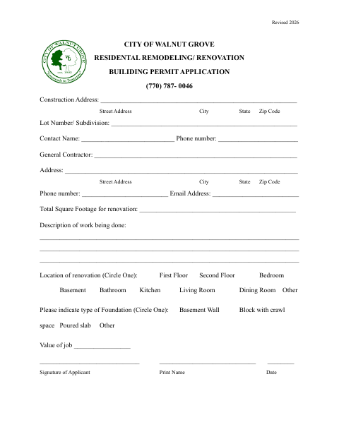 First page of the Residential Remodeling Renovation Building Permit Application