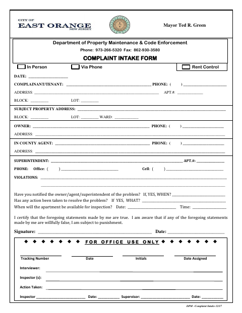 First page of the Code Enforcement Complaint Intake Form