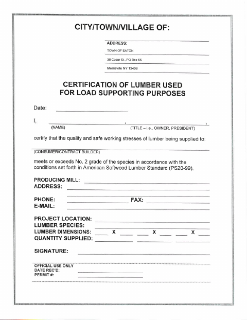First page of the Certification of Lumber Used for Load Supporting Purposes