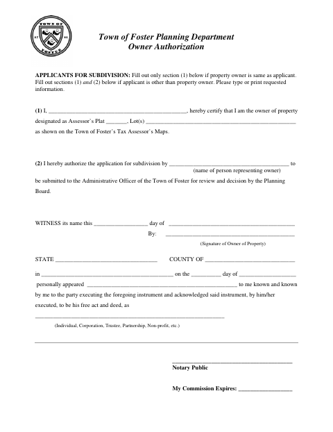First page of the Major Subdivision Owner Authorization