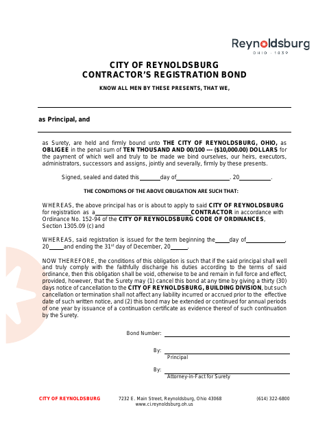 First page of the Contractor’s Registration Bond