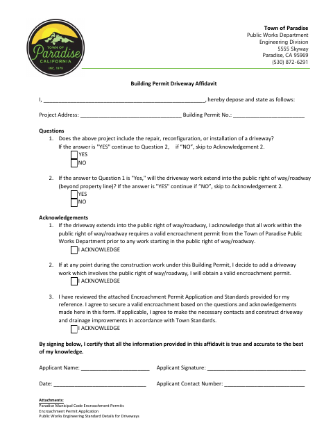 First page of the Building Permit Driveway Affidavit