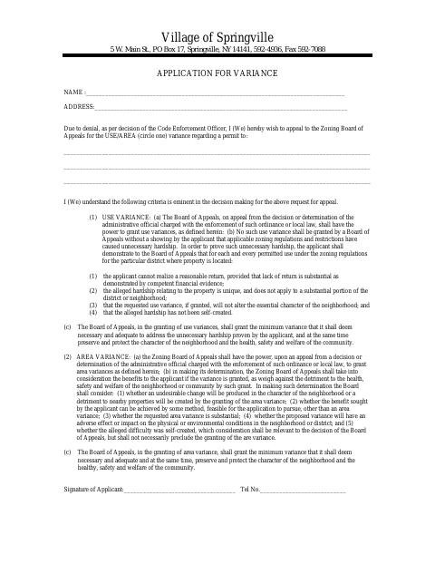 First page of the Application for Variance