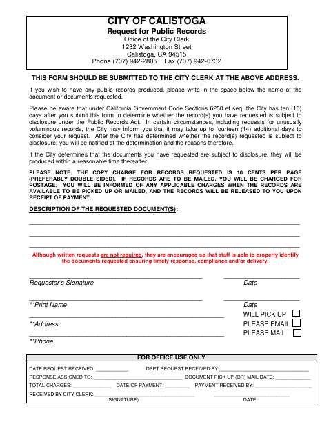 First page of the Request for Public Records