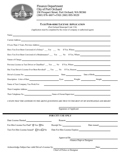 First page of the Taxi For-Hire License Application