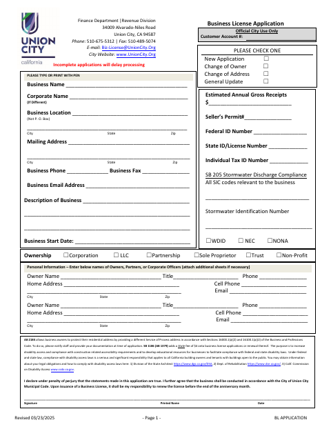 First page of the Business License Application