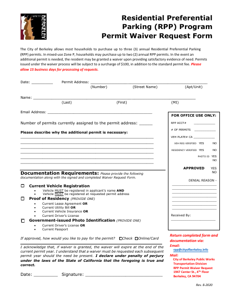 First page of the Residential Preferential Parking Program Permit Waiver Request Form