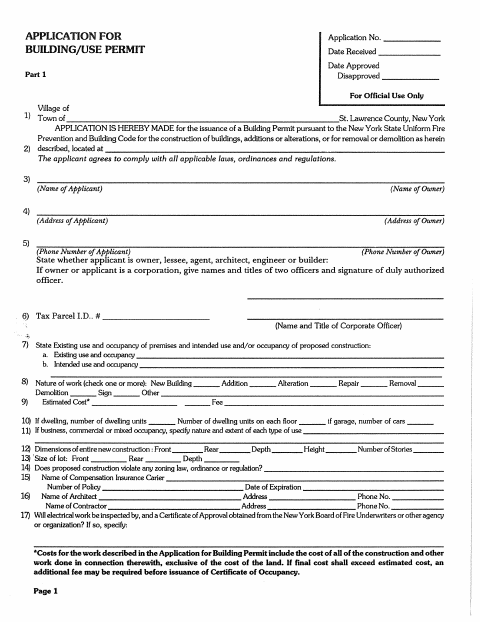 First page of the Building/Use Permit Application