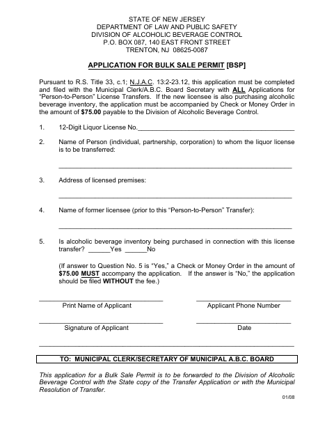 First page of the Application for Bulk Sale Permit