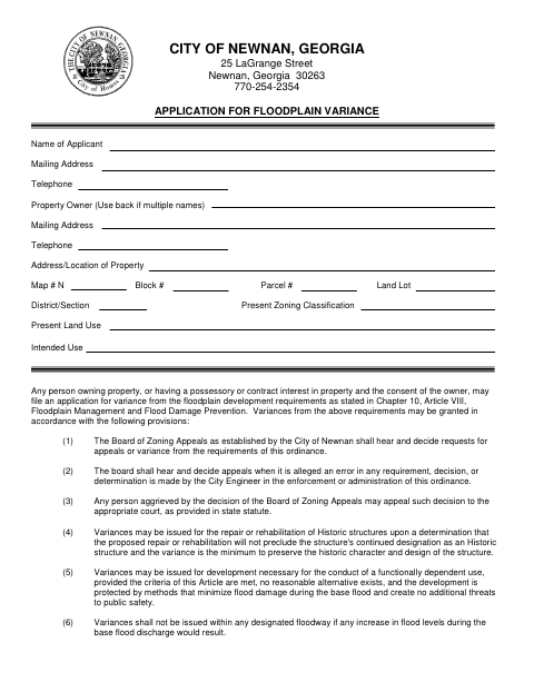 First page of the Floodplain Variance Application