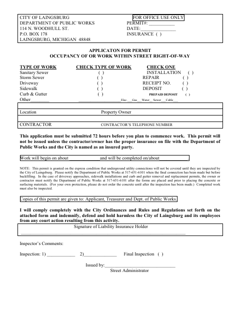 First page of the Application for Permit Occupancy of or Work Within Street Right-of-Way