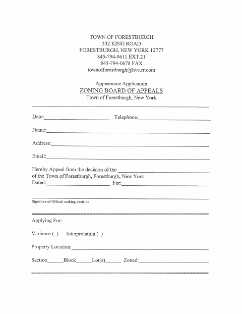 First page of the Zoning Board of Appeals Application