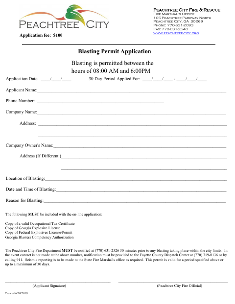 First page of the Blasting Permit Application