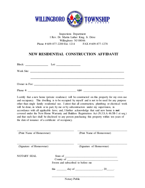 First page of the New Residential Construction Affidavit