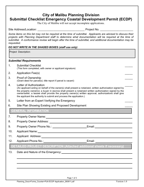 First page of the Emergency Coastal Development Permit