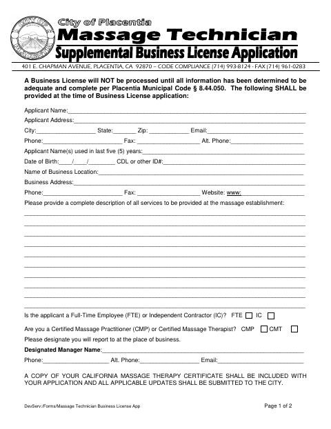 First page of the Massage Technician (Practitioner) Supplemental Business License Application