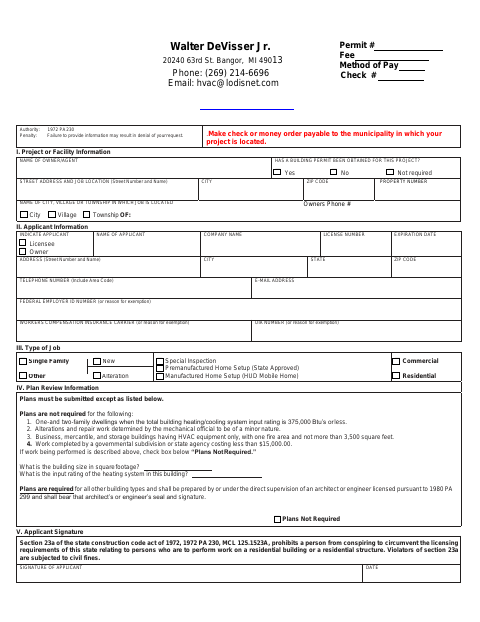 First page of the Mechanical Permit Application