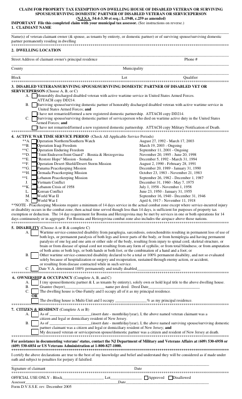 First page of the Claim for Property Tax Exemption for Disabled Veterans or Surviving Spouses