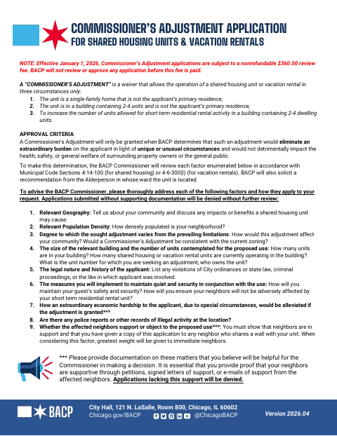 First page of the Commissioner’s Adjustment Application for Shared Housing Units and Vacation Rentals