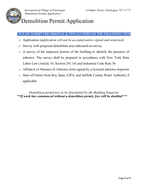First page of the Demolition Permit Application