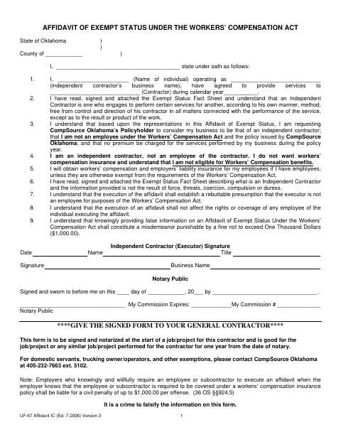 First page of the Affidavit of Exempt Status Under the Workers’ Compensation Act