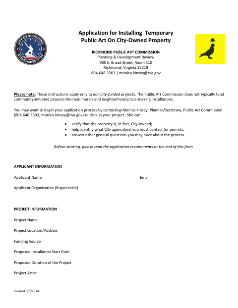 First page of the Application for Installing Temporary Public Art on City-Owned Property