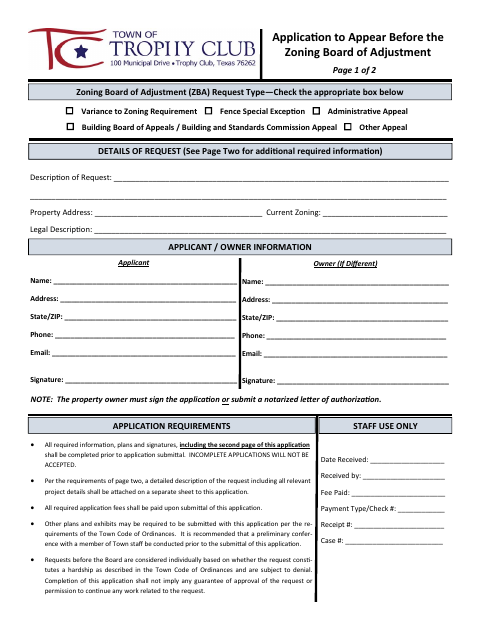 First page of the Application to Appear Before the Zoning Board of Adjustment