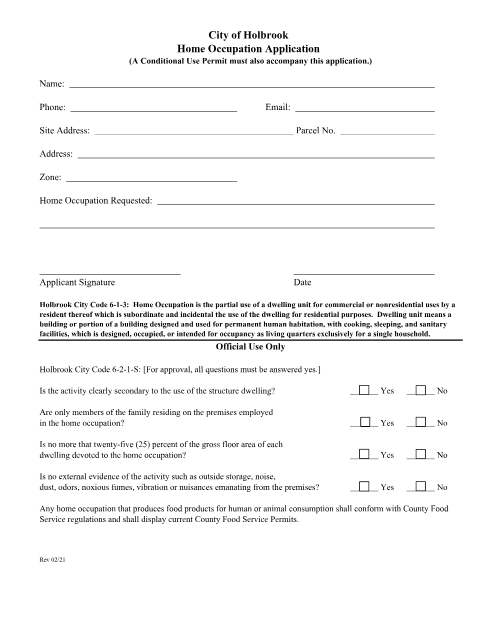 First page of the Home Occupation Application