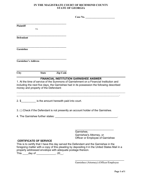 First page of the Financial Institution Garnishee Answer