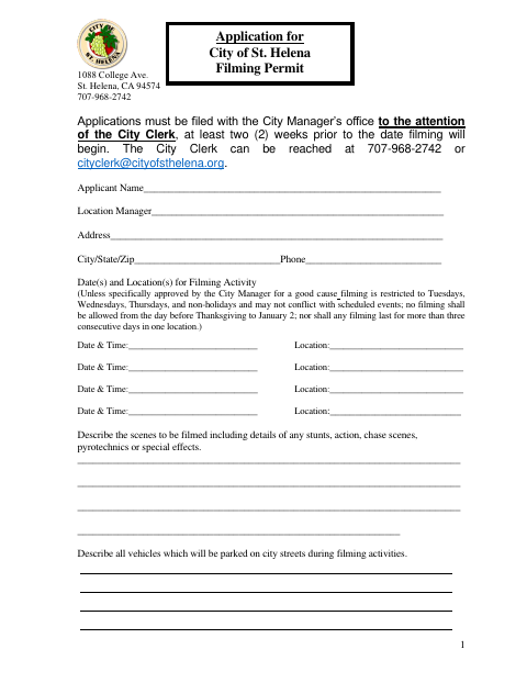 First page of the Film Permit Application