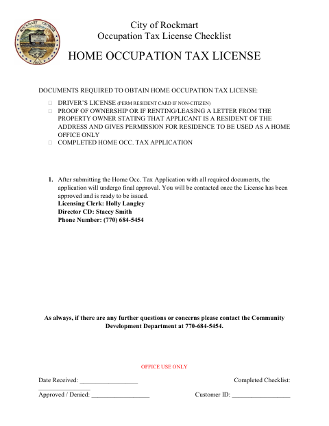 First page of the Home Occupation Tax License Application